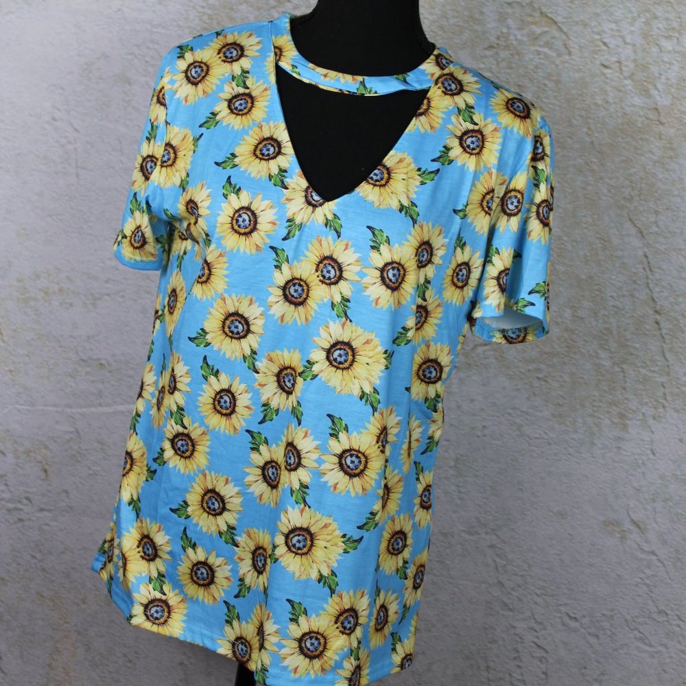 Sunflower Printed. V-Neck T-shirt. with Neck Detail
